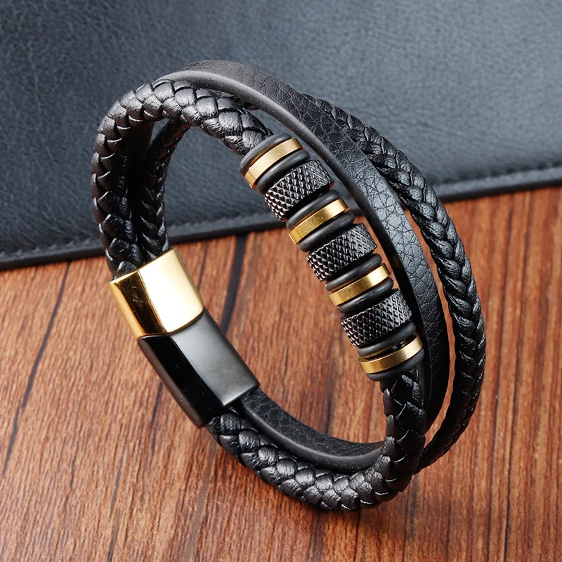 

Luxury Stainless Steel Beaded Bracelet Fashion Men's Jewelry Classic Multilayer Braided Leather Bracelet Homme New Year Men Gift