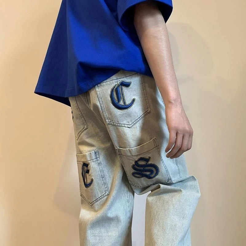 Hole embroidery drawstring jeans y2k men's loose street hip-hop mopping pants trend personality straight casual fashion trousers