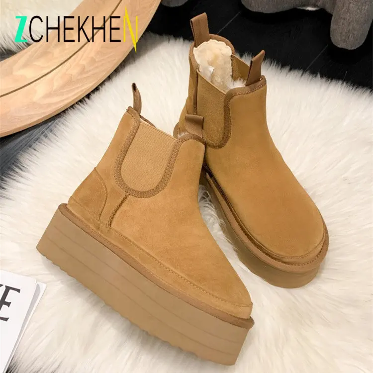 

Cow Suede Genuine Leather Women Ankle Boots Platform Autumn Winter Warm Women Plush Snow Booties Lady Shoes