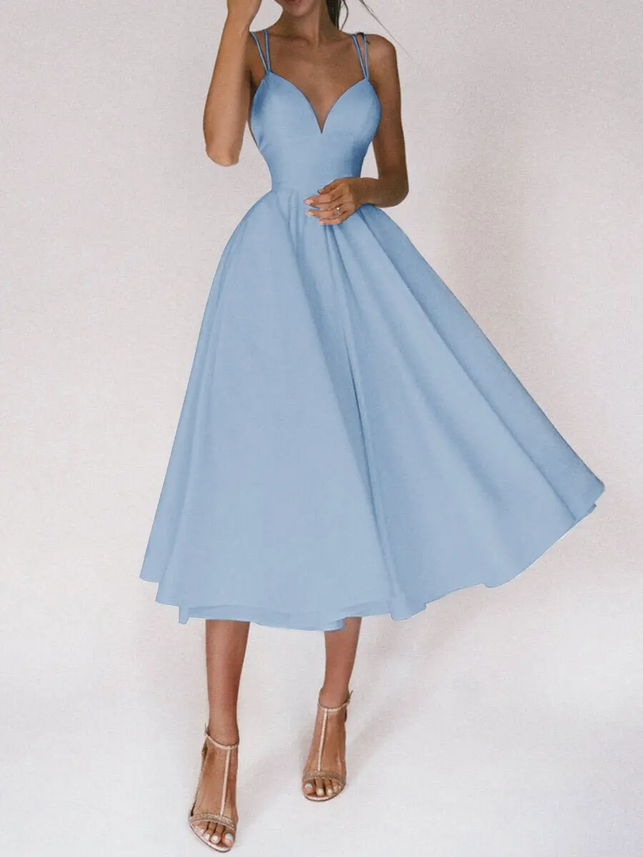 

2022 Women Blue Sexy Evening Party Dress Spaghetti Deep V-neck Backless A-Line Homecoming Dresses Gown