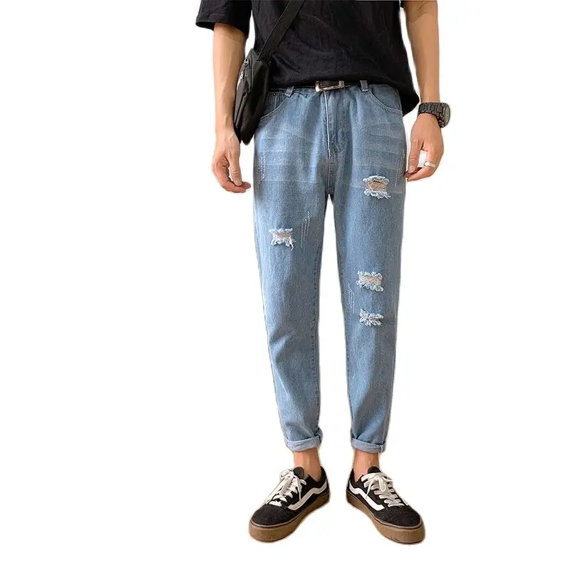

New Spring Autumn 2022 Fashion Casual Denim Jeans Men's Hole Beggar Harlan Wild Light-colored Slim Ankle Length Pants Men