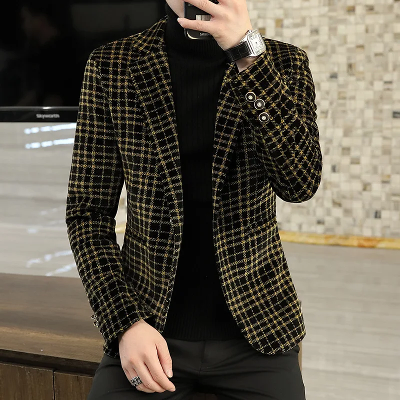 

HOO 2022 Men's Autumn and Winter New Crystal Velvet Thickened Plaid blazer Youth Handsome Casual blazer