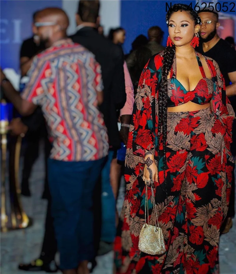 

Женский комплект из 4 предметов, африканские Дашики, новые модные длинные топы + бюстгальтер + шарф + широкие брюки, костюм из четырех предмет...