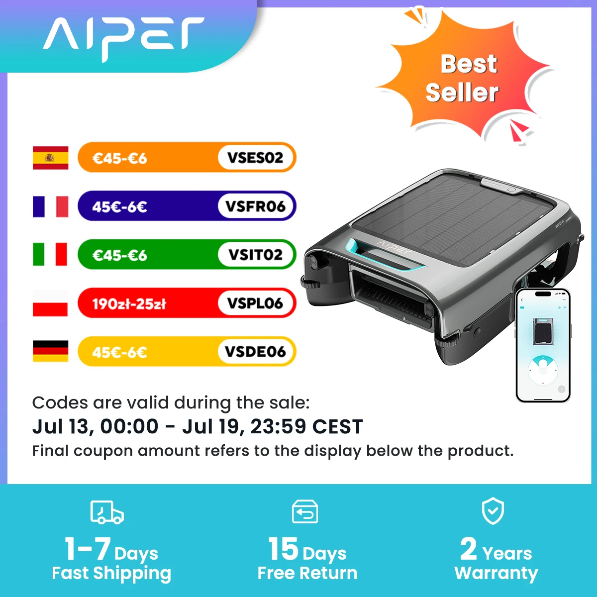EcoSurfer S2 Solar Pool Skimmer Robot, 24/7 Surface Cleaning,150 µm Filter,Battery-Powered Pool Robot with App Control,OTA Updates,Intelligent Obstacle Detection,Aiper Open Box