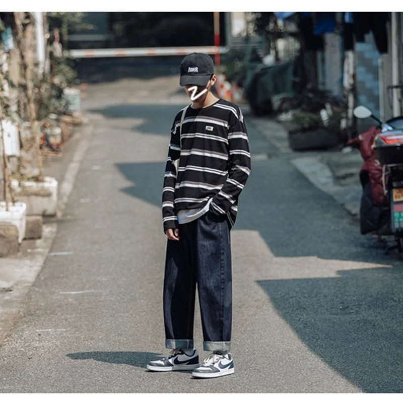 Men Clothing 2022 Autumn Winter New Straight Loose Cylinder Jeans Vintage Versatile Comfortable Navy Blue Harun Trousers Female