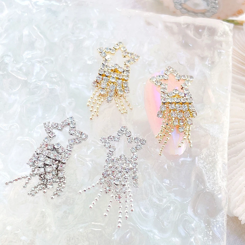 

2Pcs/Lot Full Diamond Star Nail Art Decoration 3D Sway Starry Pendant Charms Metal Zircon Chain Gems Korean Manicure Parts YT#24