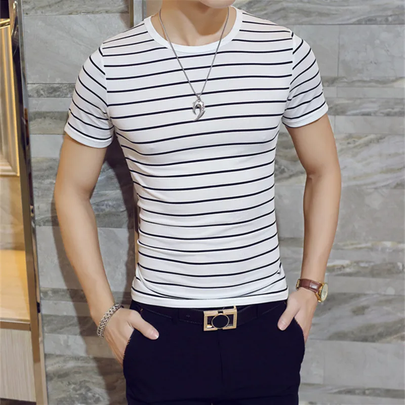 

B3387 Brand New Men's Short-sleeved T-shirts For Male T-shirt Version Striped Round-collar Men T shirts Man