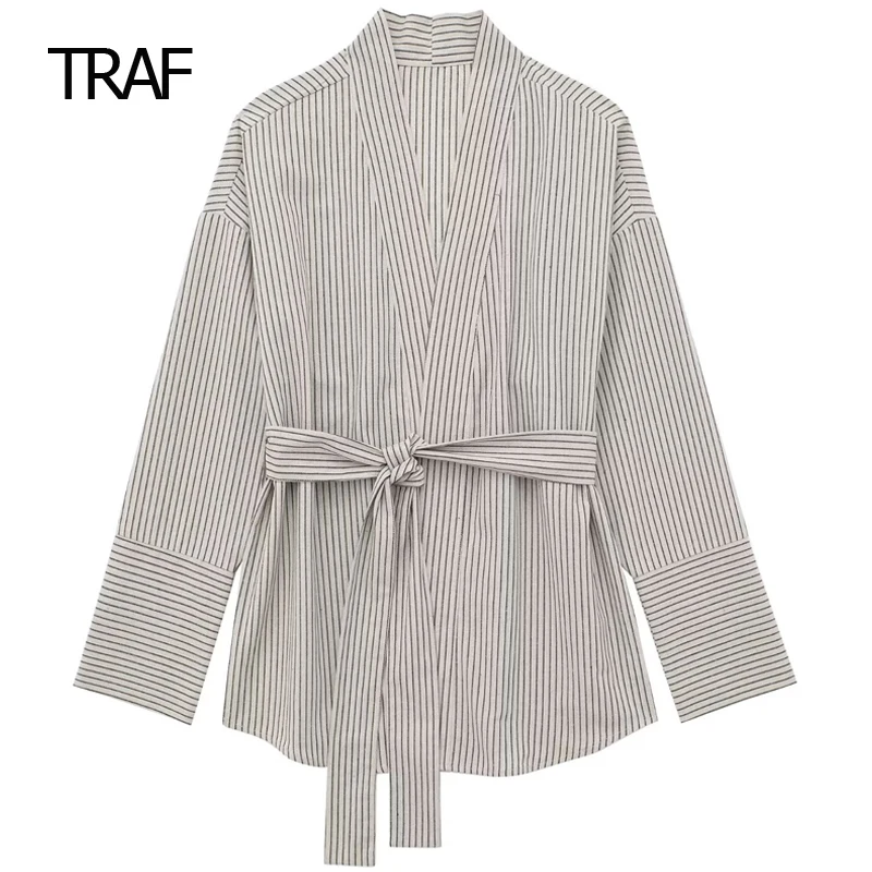 

TRAF Blouses for Women Fashion 2023 Summer Long Sleeves Striped Belt Tops Ladies New Japan Style Clothes Elegant Female Shirt