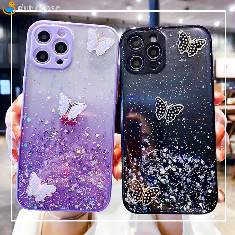 shiny glitter butterfly phone case for xiaomi redmi note 11 pro 9a 9t 9c mi 11 lite poco m4 pro x3 m3 note 8 9 10 pro max coque free global shipping