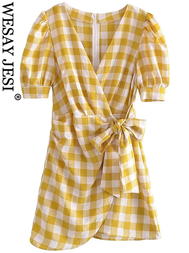 

WESAY JESI Casual Daily Loose Comfortable Plaid Print Ladies Dress Cross V-Neck Puff Sleeves Waist Bow Decoration Women's Dress