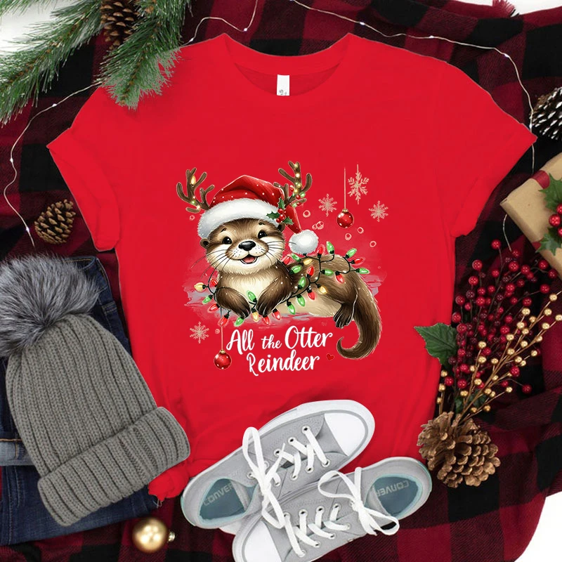 New Christmas All The Otter Reindeer T Shirt Women Men Casual Personality Round Neck Short Sleeve Fashion