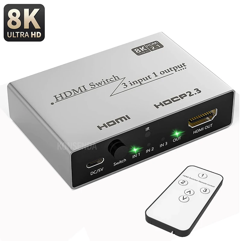 

8K HDMI-compatible 3 in 1 Out Switcher Selector Box HD 2.1 Switch High Speed 48Gbps 8K@60Hz 4K@120Hz for PS5 Projectors Monitor