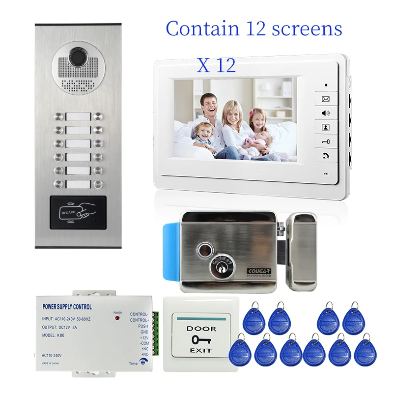 

7" Screen Video Intercom Door Phone System RFID Access Doorbell Camera For 2 3 4 6 8 10 12 Apartment FREE SHIPPING Electric lock