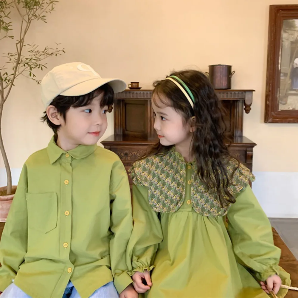

Girls Dress Elegant Long Sleeve 2022 Spring Children's Green Floral Collar Princess Skirt Baby Lapel Frocks Dresses Casual