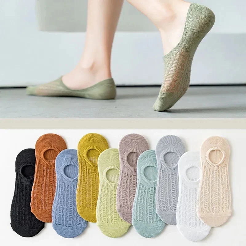 5pair /Lot Women Invisible Socks Mujer Non-slip Socks Chaussette Ankle Low Female Cotton Boat No Show Socks Breathable Net Socks