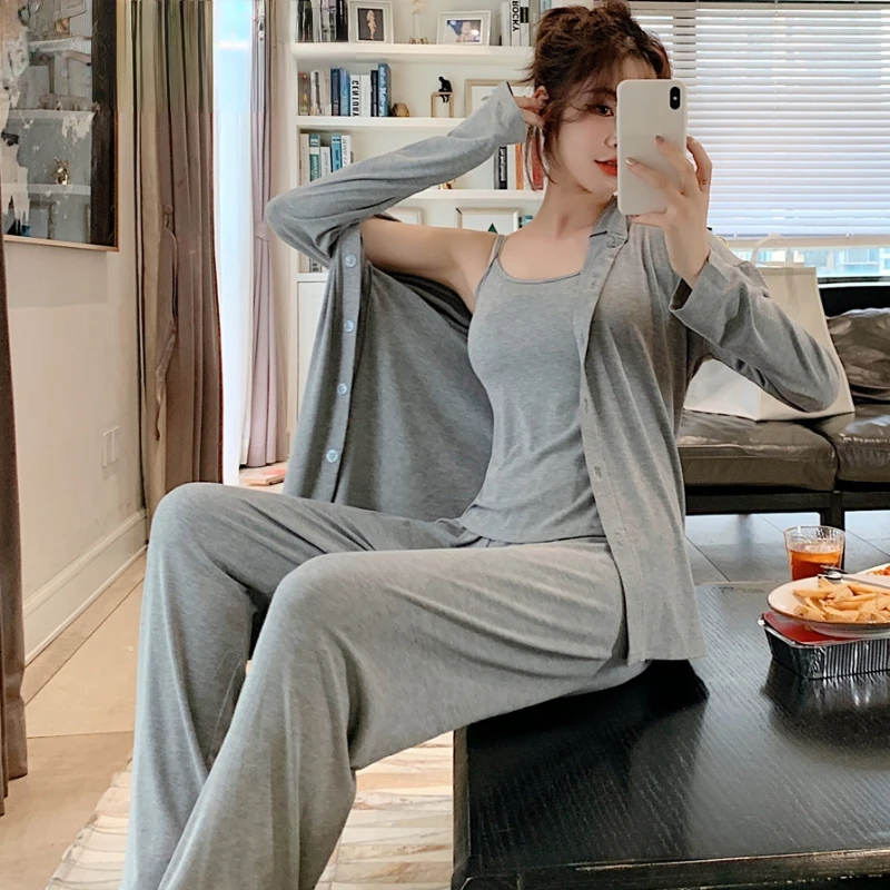Women Pajamas Three Piece Set Camisole Cardigan Spring New 2022 Solid Simple Homewear Comfortable Casual Sleepwear Suit