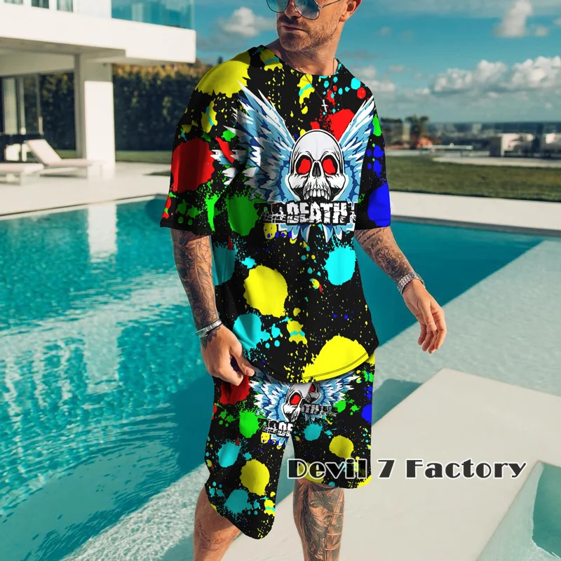 Men T Shirt Hip Hop 2023 Dark Streetwear 3D Printed Fashion Shorts Tracksuit Two Piece Sets Summer Men's Clothes Sports Outfits