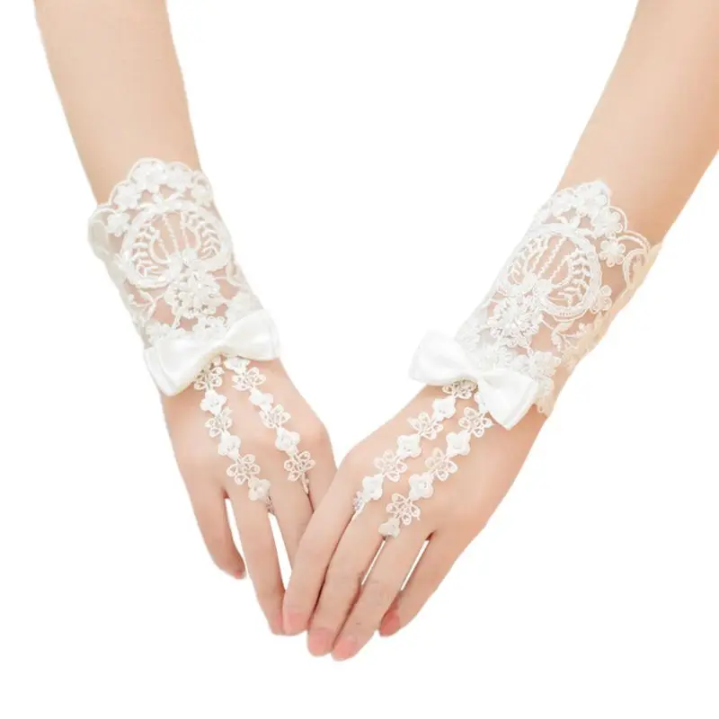 

Vintage Embroidery Floral Lace Short Wedding Gloves Satin Bowknot Decor Imitation Pearl Beaded Bridal Fingerless DropShip