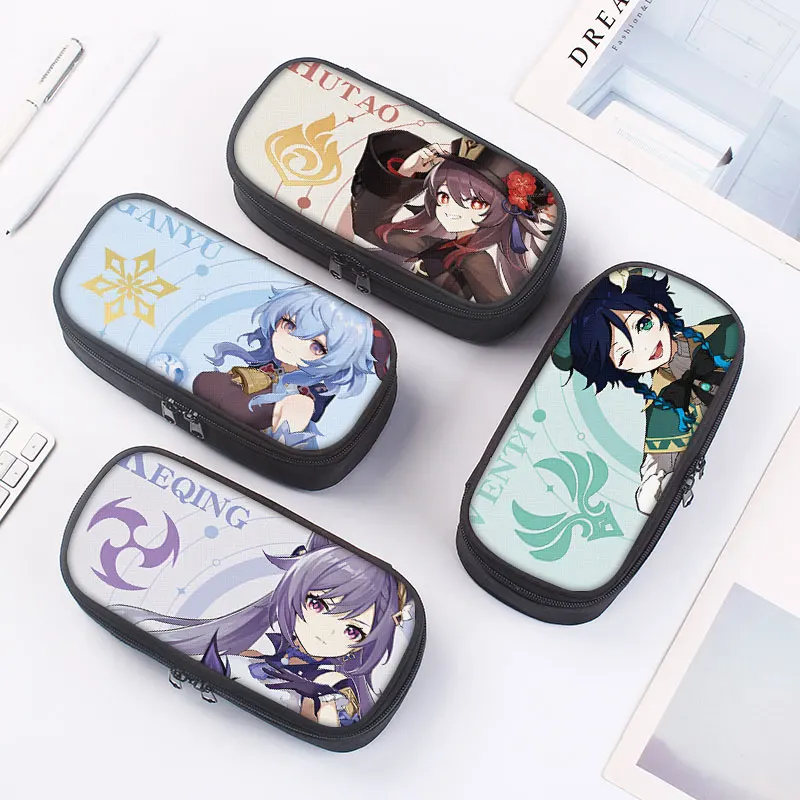 

21cm X 10cm Genshin Impact Pencil Cases Bags Venti Keqing Ganyu Hutao Anime Character Utility Student Canvas Office Accessories
