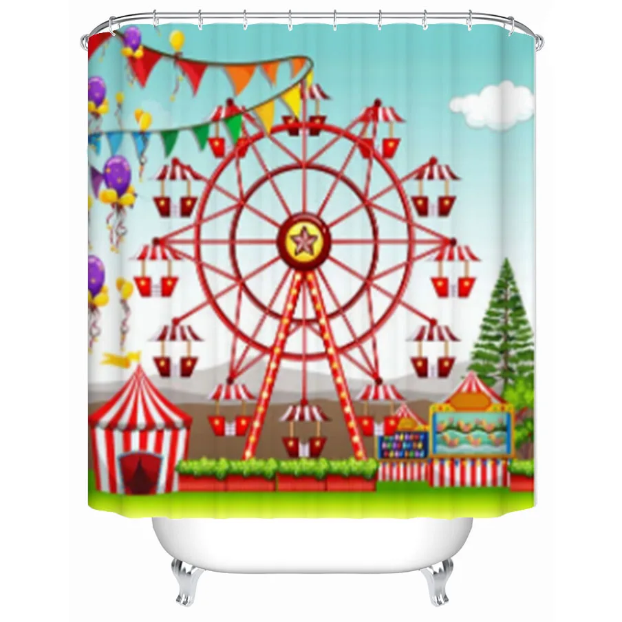 

Circus Curtains Ferris Wheel At The Amusement Park Illustration Shower Curtains Home Decor Fabric Shower Curtain Set With Hooks