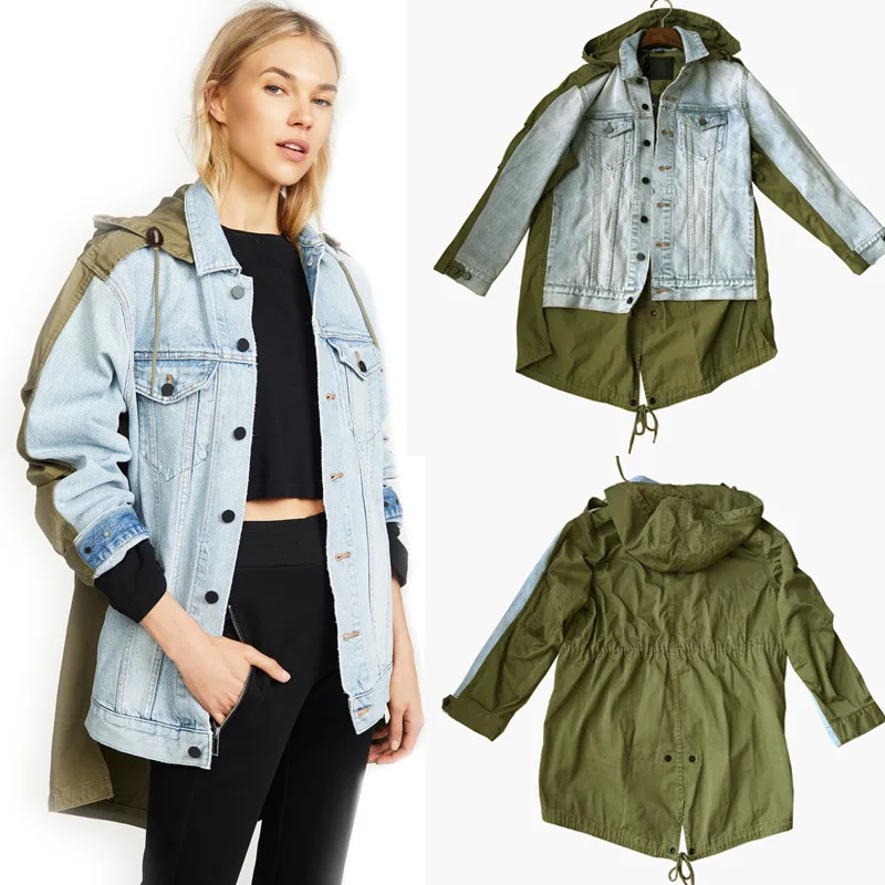 

New Style In Autumn and Winter Medium and Long-term Denim Stitching Military Green Windbreaker Loose Coat