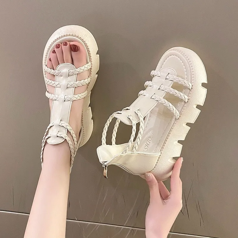 

Босоножки женские кожаные на низком каблуке, шлепанцы из искусственной кожи, римские сандалии с копым каблуком, кожаные туфли на низком каб...