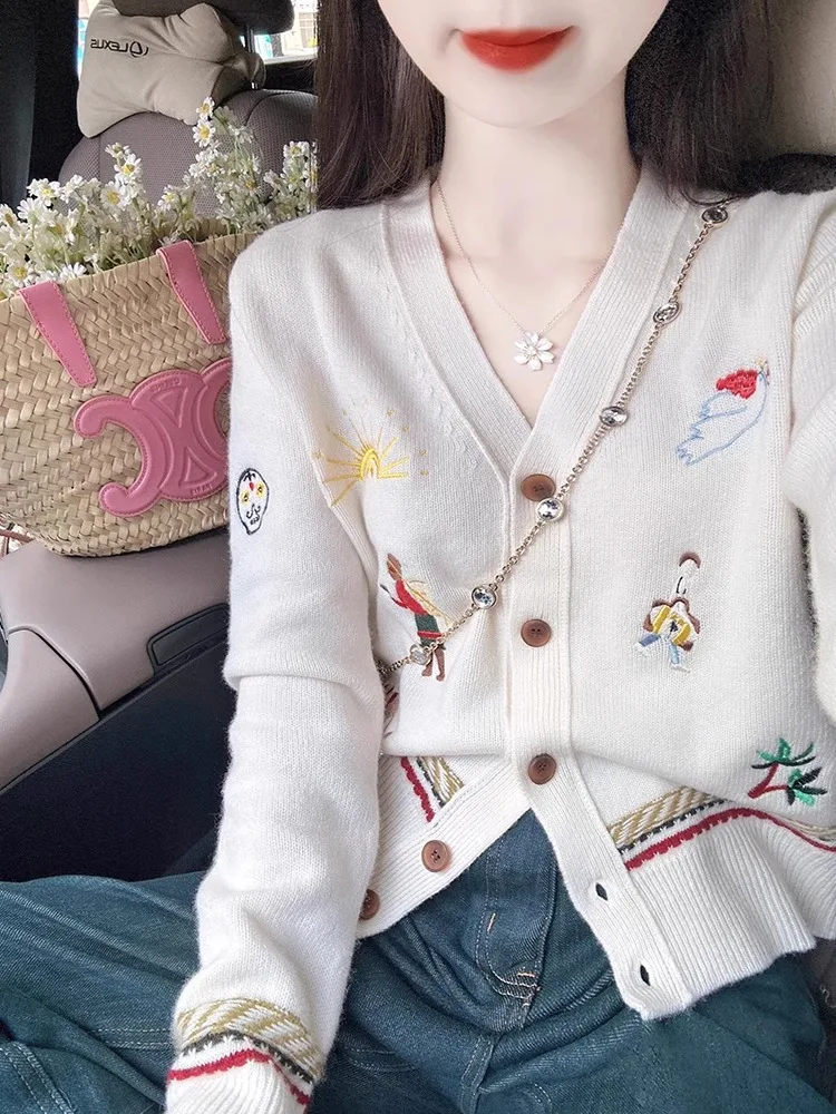 French sle Contrast Color Heavy Industry Embroidery V-neck Knit cardigan Women Autumn New Soft Glutinous Casual Gentle Wind...