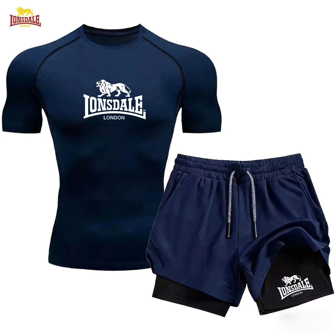 Фото LONSDALE - Мужская хлопковая спортивная одежда, быстросохнущие комплекты спортивной одежды, летние футболки с короткими рукавами, + комплект для утренних пробежек 2-в-1. №2