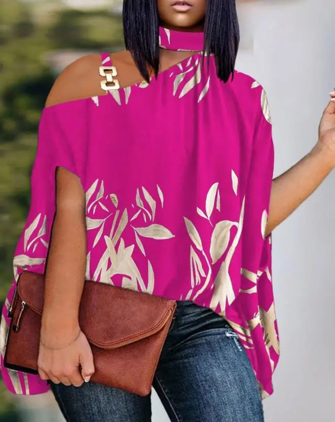

Elegant Top Women 2023 Allover Print Cold Shoulder Chain Decor Batwing Sleeve Blouses Tees T-Shirt Women's Clothing Streetwear