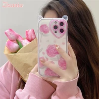 cartoon love shape pink rose pattern phone case for iphone 13 12 11 xr xs x pro max 8 7 plus cat eart hot sale shockproof cover