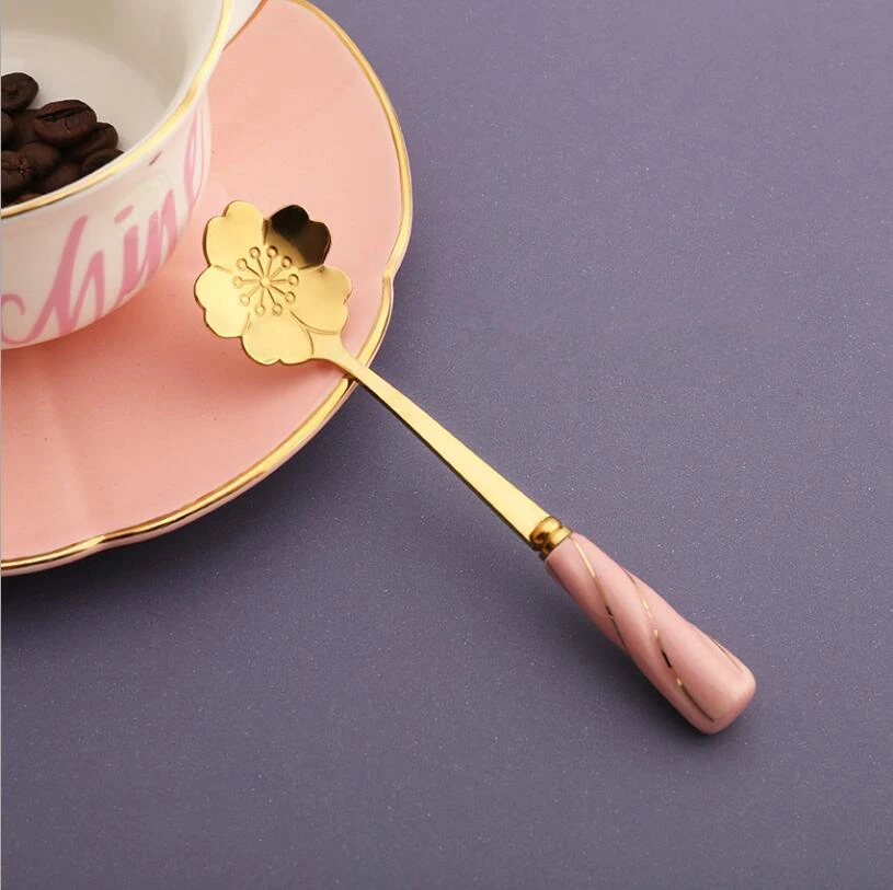 Ceramic Handle Flower Stirring Spoon Coffee Scoop Dessert Cake Ice Cream Spoons Gold Silver | Дом и сад