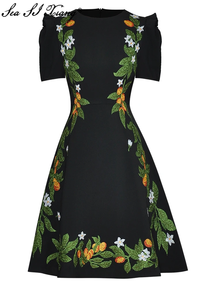 

Seasixiang Fashion Designer Summer Dress Women O-Neck Puff Sleeve Flower Embroidery High Quality Vintage Party Mini Dresses