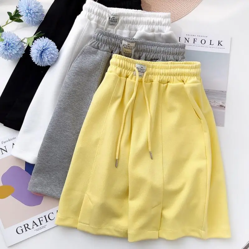 

Four-Color Pocket Drawstring Cotton Elastic Wide-Leg Shorts Women's Summer Loose Casual Sports Front Split Straight Shorts