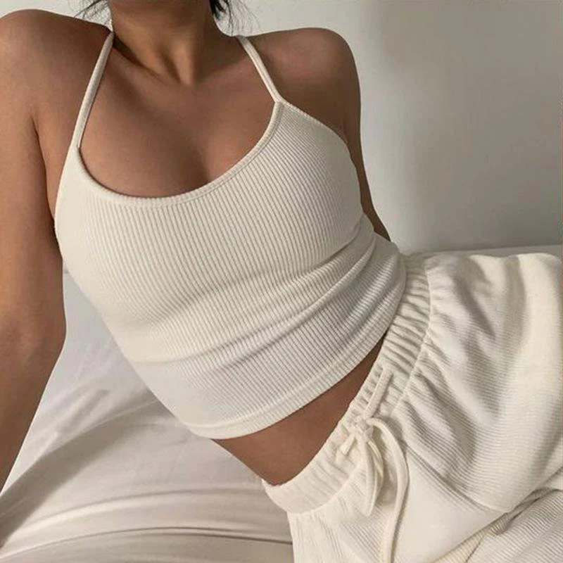 

Vintage Ribbed Knitted Solid Top Women Summer Sleeveless Spaghetti Strap Top Sexy Skinny White Corset Top Simple Basic Top