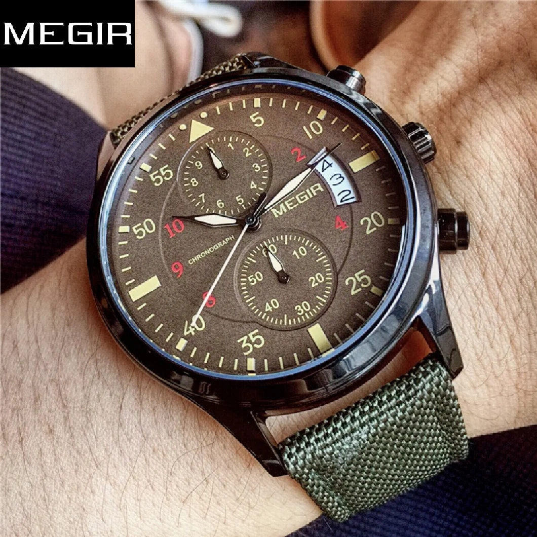 

Часы наручные MEGIR Мужские кварцевые с хронографом, Оригинальные спортивные армейские креативные, в стиле милитари, с холщовым ремешком