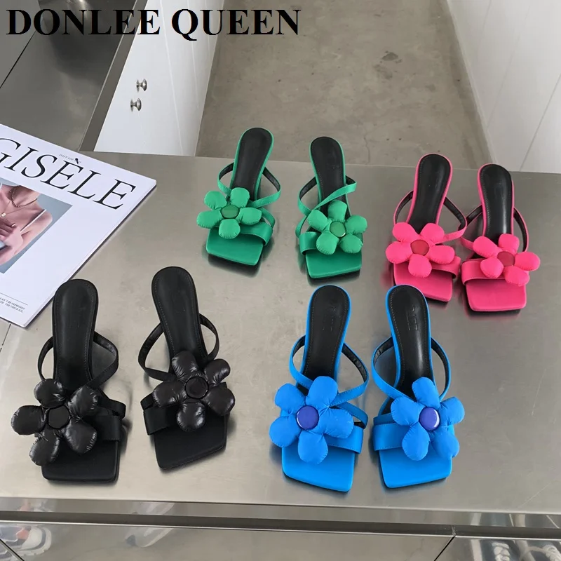 

New Three-dimensional Big Flower High-heeled Sandals Women Slippers Fashion Bright Color Slide Outdoor Flip Flops Vacation Shoes