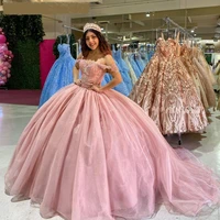 pink quinceanera dresses 2022 sweetheart off the shoulder appliques sequined beads party princess sweet 16 ball gown sweep