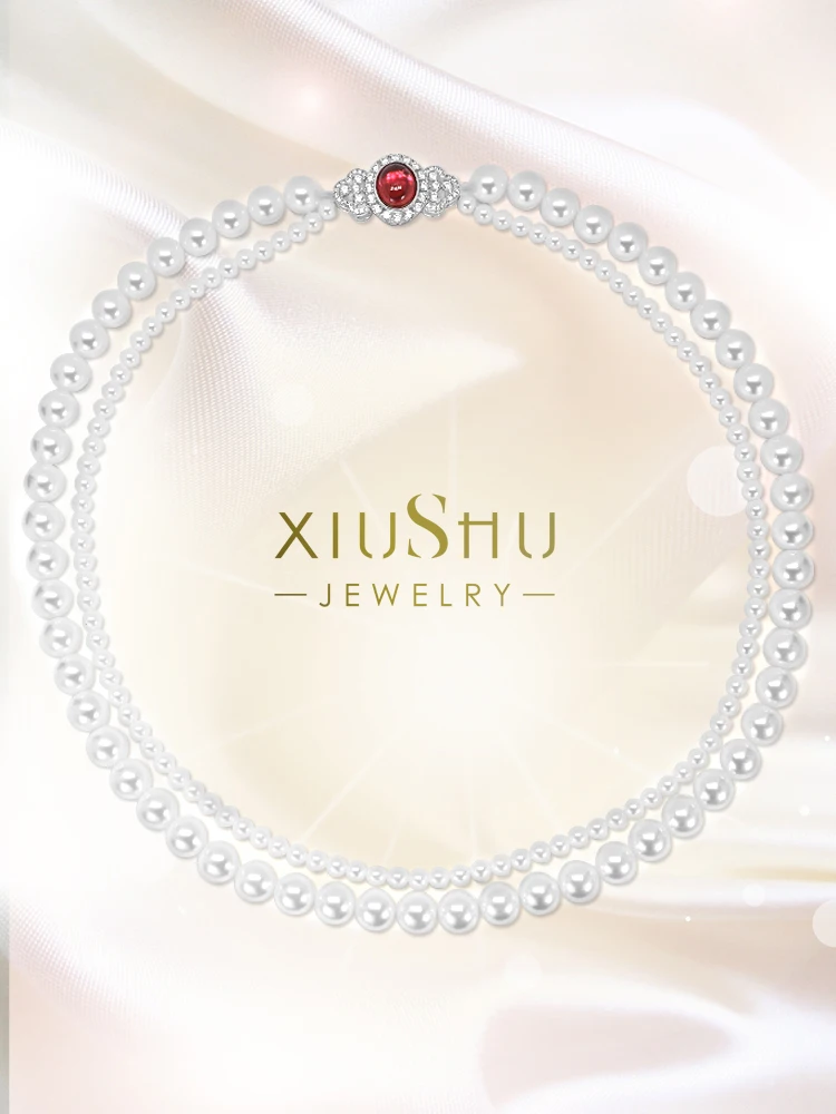 

Luxury and exquisite artificial fritillary pearl Carnelian silver necklace high carbon diamond