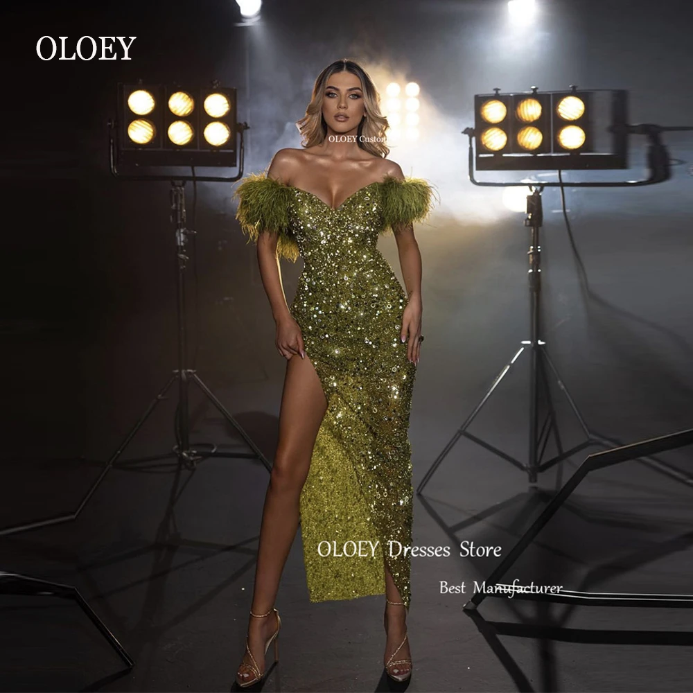 

OLOEY Sparkly Glitter Dubai Arabic Green Party Evening Dresses Sexy Off the Shoulder Split Feathers Split Luxury Prom Gowns 2023