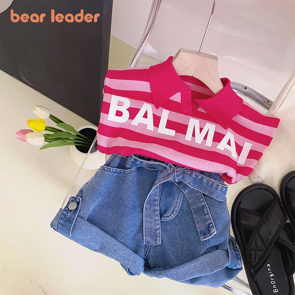 

Bear Leader/куртка в стиле ретро для девочек летний комплект одежды, футболка поло с воротником-поло, розовая короткая футболка в полоску без рукавов, джинсы джинсовые штаны с цветочным принтом
