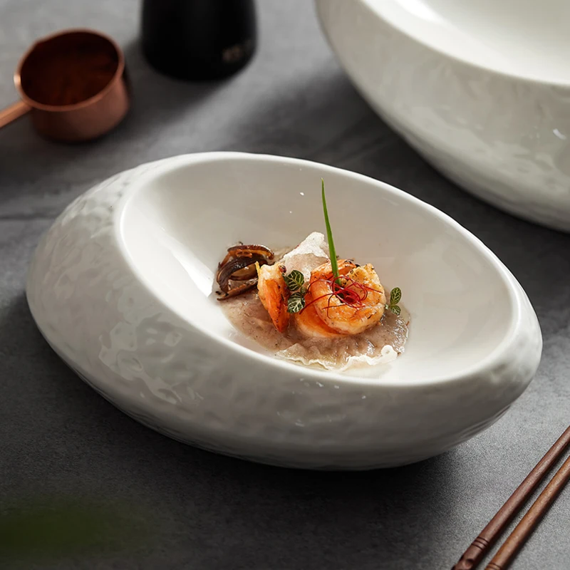 

Керамическая тарелка с рисунком белого камня, тарелка для посуды, посуда для ресторана и отеля, посуда для холодного блюда, тарелка в форме яйца 10 дюймов