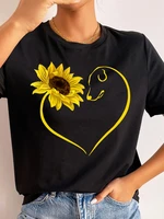 women t shirt sunflower heart print t shirt women fashion black t shirt female short sleeve cute graphic tee tops casual t shirt