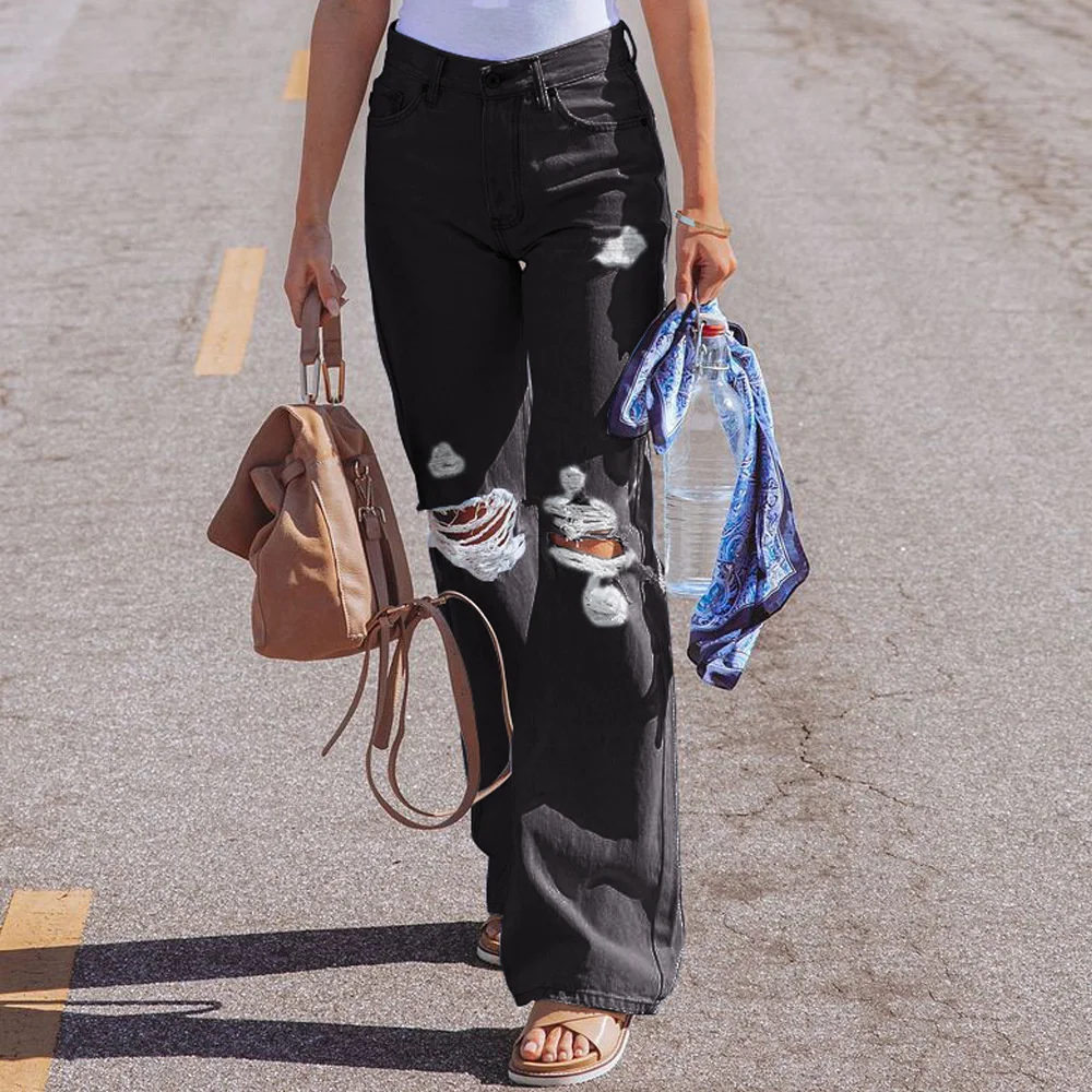 

2022 High Waist Jeans Women Wide Leg Pants Trousers Casual Washed Frayed Hole Denim Pants Boyfriend Stright Jeans woman