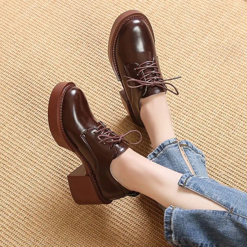 

2022 Spring New Genuine Leather Platform Shoes Casual Round Toe Shoes Woman Chunky Heel Lace-up Women Shoes Zapatos De Mujer