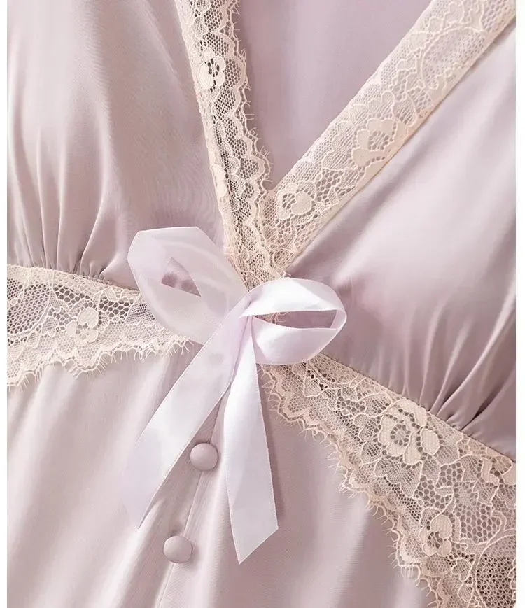 

Длинная летняя ночная рубашка с V-образным вырезом, Женское ночное платье, Атласный халат, одежда для сна с кружевным рукавом, ночная рубашка, одежда для сна, одежда для отдыха