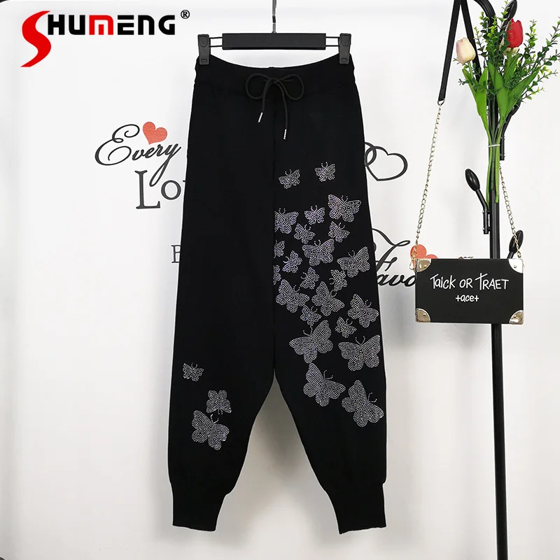 

2022 Spring New Women's Black High Waist Loose Butterfly Hot Drilling Knitted Trousers Casual Ankle-Tied Harem Pants for Women