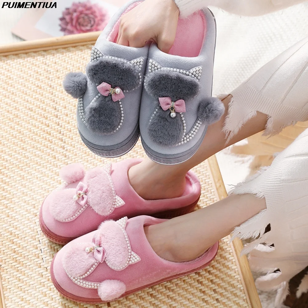 

New Women Cotton Slippers Cute Cat Slippers Ladies Platform Indoor Shoes For Women Winter Slippers Home Female Warm Shoes