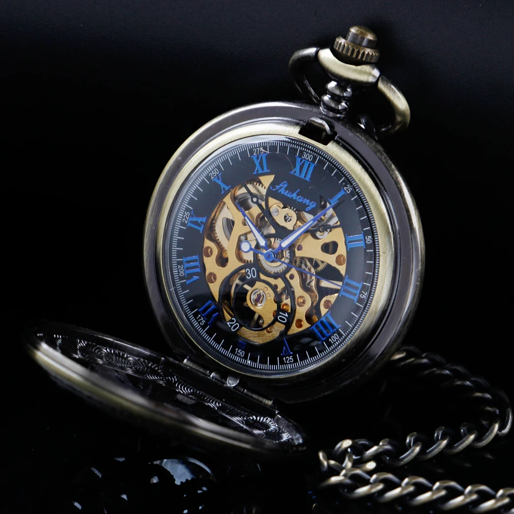 Antique bronze gear hollow mechanical manual pocket watch blue Roman digital skull dial pendant automatic antique clock