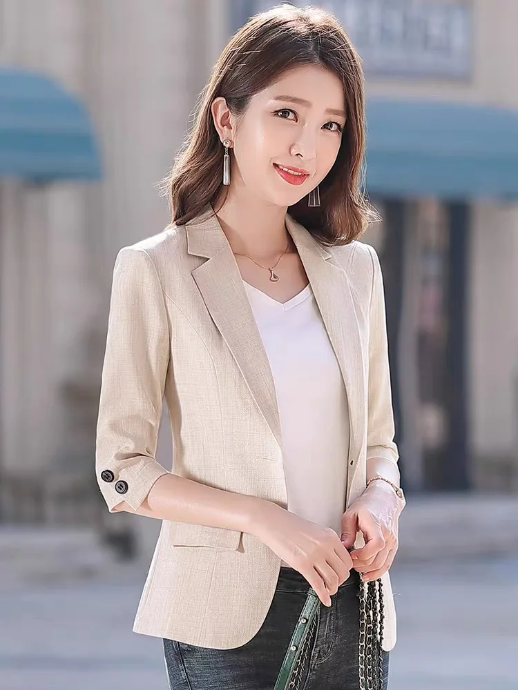 

Spring And Summer Three Quarter Sleeve Blazer Feminino Single Button Notched Office Lady Women Coat Work Wear Clothes