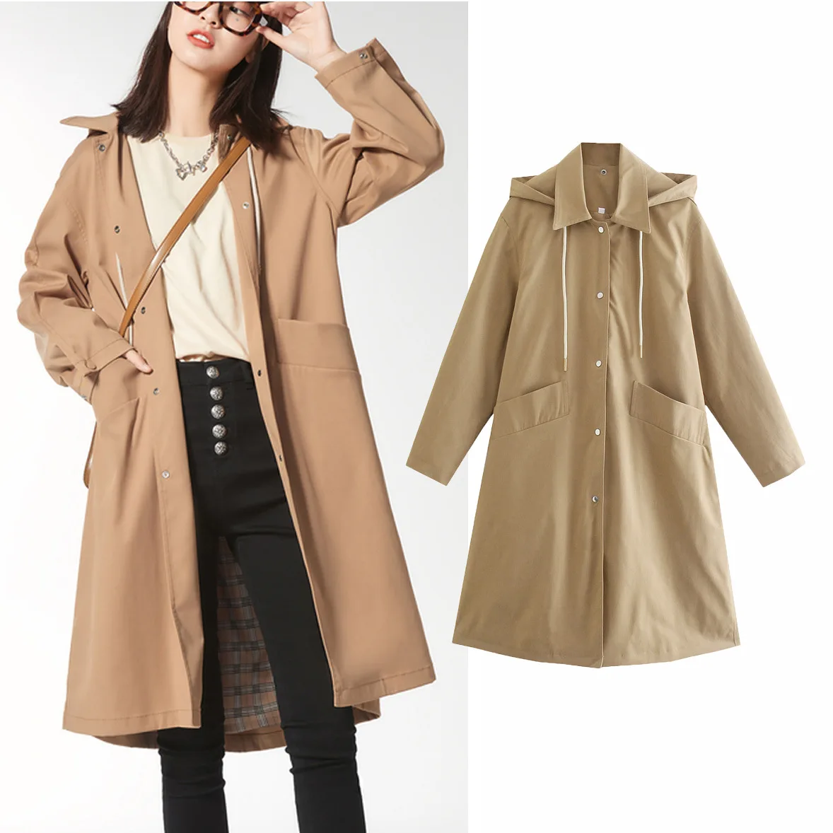 

A Fashion Mid-length Women Trench Coat Single-Breasted Casual Jackets Hoodies Mountaineeri Long Windbreaker Overcoat Female